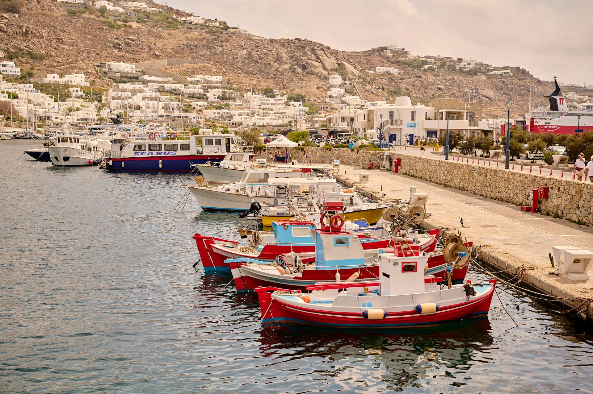 Picturesque harbor in Mykonos with colorful fishing boats moored against a scenic backdrop.