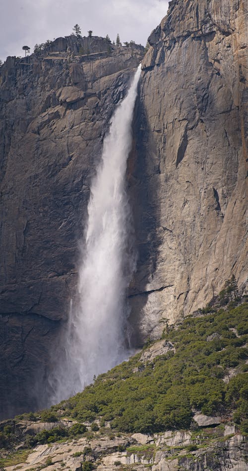 A waterfall is shown in the background