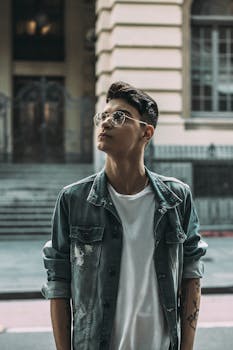 在巴西圣保罗的城市环境中，一位时尚男子戴着眼镜，抬头仰望