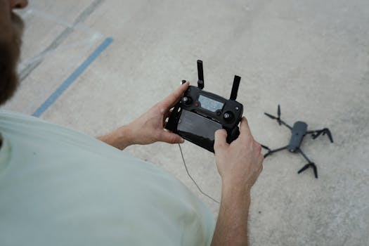 Adult male handling a drone controller, preparing a drone for takeoff on an outdoor surface.