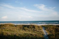 日落时分，透过沙丘通向大西洋的沙路展现出宁静的景色