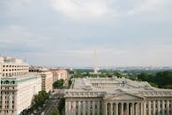 在华盛顿特区阳光明媚的日子里，鸟瞰令人惊叹的华盛顿纪念碑和周围建筑
