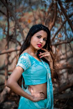Portrait of a woman in a blue sari posing in a natural setting, showcasing traditional fashion. 24486039