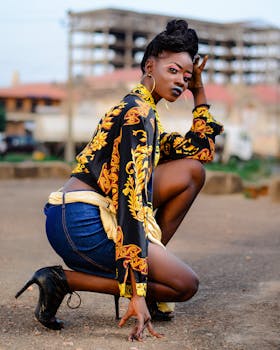 一位时尚的年轻女子穿着充满活力的服装，在城市环境中自信地摆出户外姿势