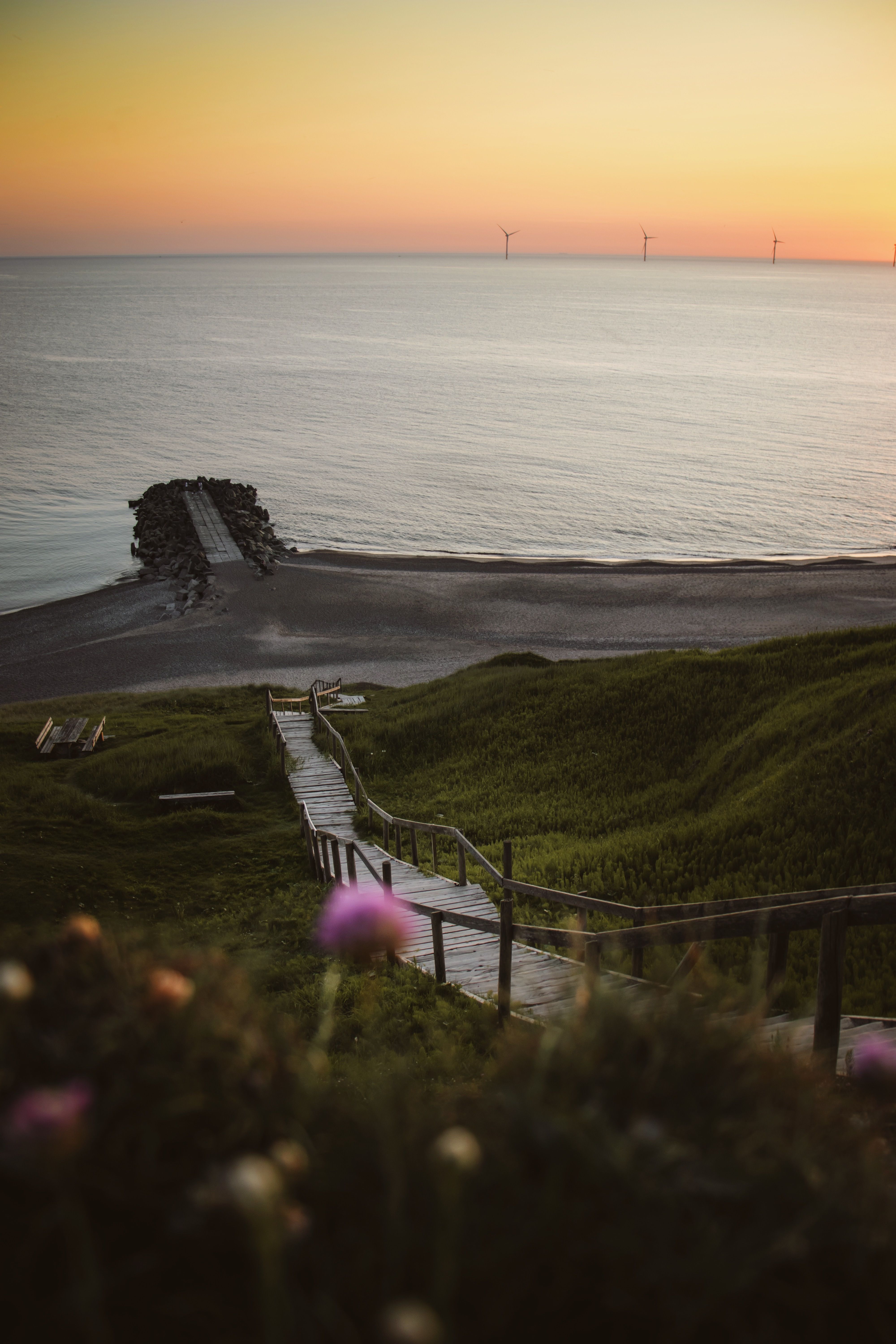 Experience the tranquil seaside view from a boardwalk in Lemvig, Denmark at sunset, with golden hues and serene sea.