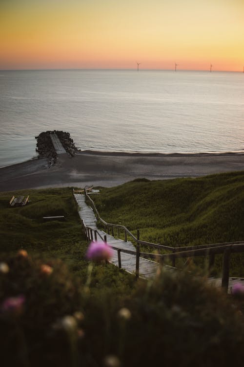 A sunset view of a beach with steps leading down to the water