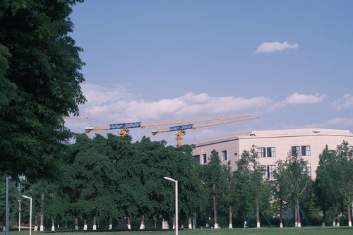 Free A contemporary building surrounded by trees and construction cranes, under a clear sky. Stock Photo