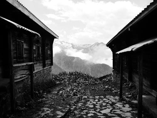 A black and white photo of two wooden buildings