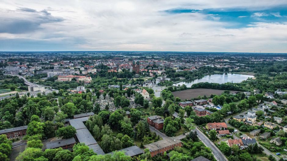 Aerial view of a lush town with lake, showcasing greenery and urban landscape.