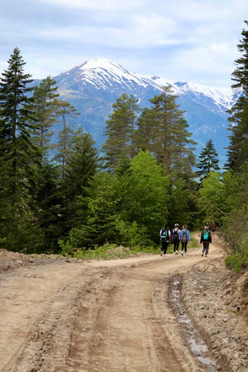 People walking down a dirt road with mountains in the background