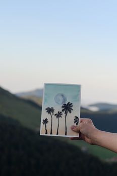 一只手握着棕榈树艺术画，背景是宁静的户外山地
