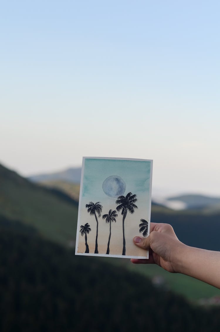 Selective Focus Photo Of A Hand Holding Picture Of Palm Trees