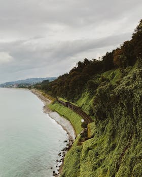 从空中俯瞰佐治亚州巴图，郁郁葱葱的绿色悬崖与宁静的海岸线尽收眼底