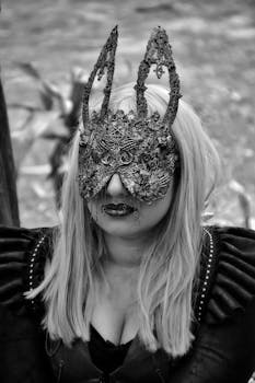 Black and white portrait of a woman wearing an elaborate carnival mask, capturing mystery and elegance.