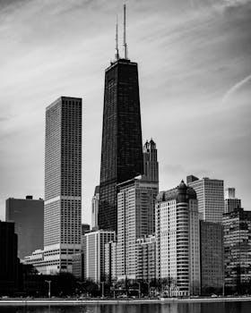 芝加哥天际线以标志性摩天大楼为特色，呈现出一幅戏剧性的黑白景观