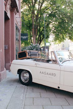 一辆老式白色敞篷车停在城市街道上，背后是郁郁葱葱的绿树