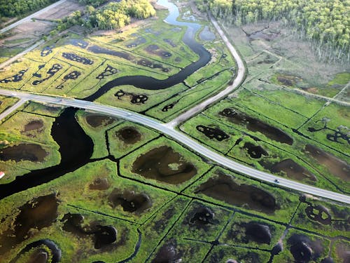 An aerial view of a marshy area with a road