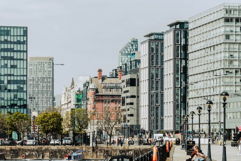 A view of the modern and historic architecture along Liverpool waterfront.