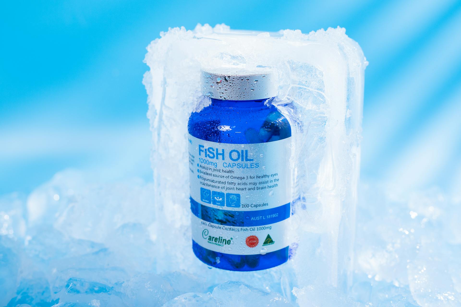 Blue Bottle of Fish Oil Capsules