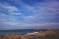 沿海风光美丽，蓝天广阔，海浪翻涌，海鸟飞过海岸
