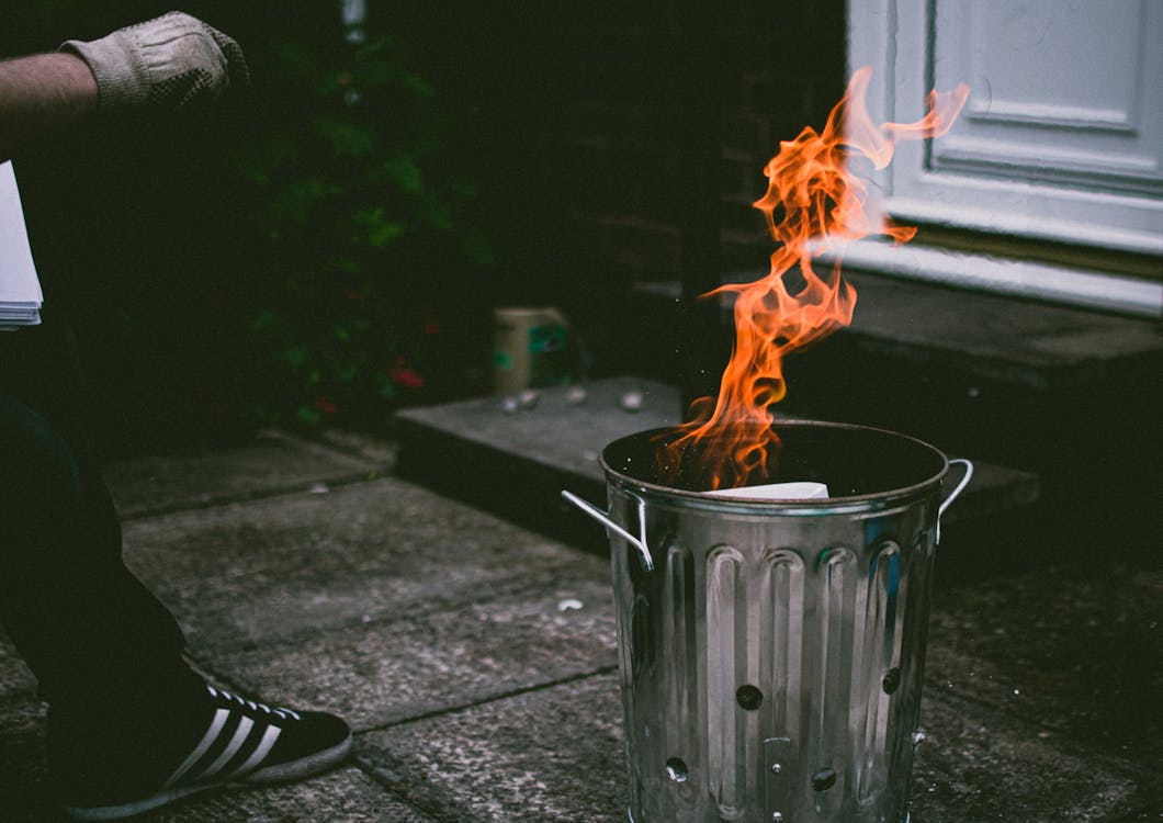 Stainless Steel Trash Can On Fire Free Stock Photo