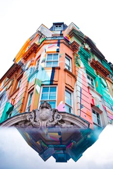 A vibrant and colorful modern facade of a building in downtown London, showcasing urban architecture.