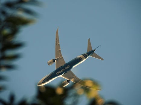A close-up of an Oman Air airplane flying overhead with clear blue sky.
