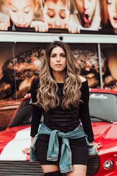 一位时尚女性倚着一辆复古红色汽车，背景是充满活力的城市