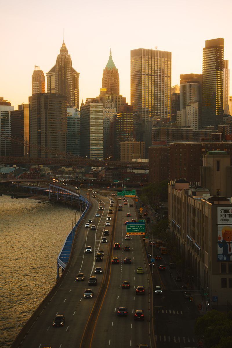 Waterfront skyline at sunset