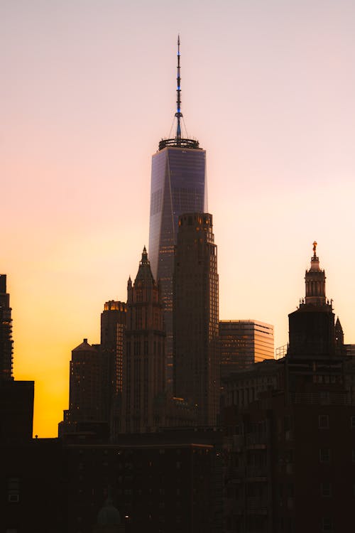 The new york skyline at sunset with the one world trade center in the background