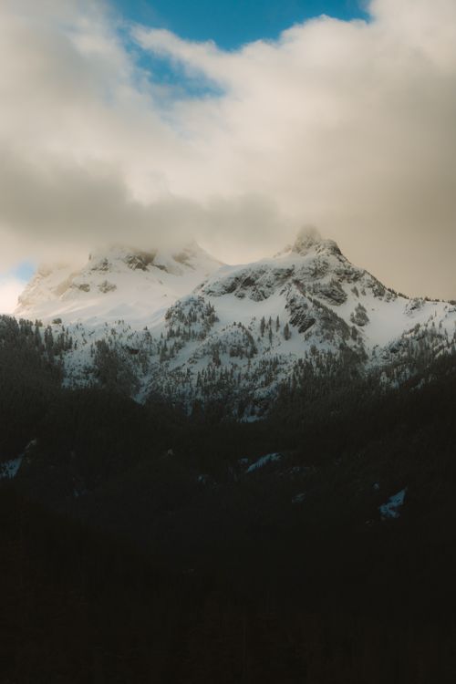 Free A breathtaking view of snow-covered mountains with pine trees beneath a partially clouded sky. Stock Photo