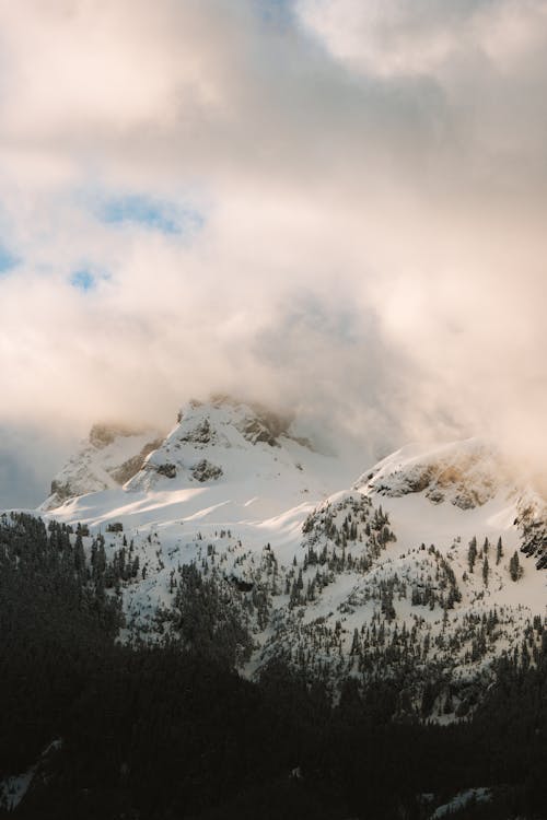 A snowy mountain with clouds in the sky