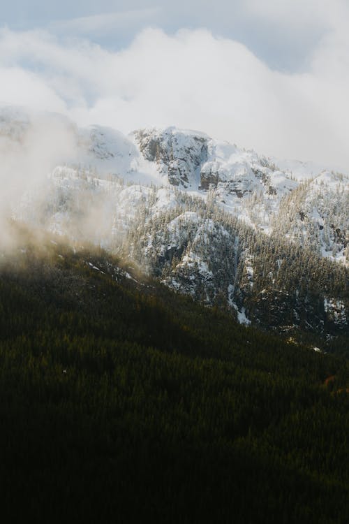 A mountain covered in snow and clouds