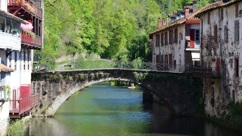 A bridge over a river in a small town