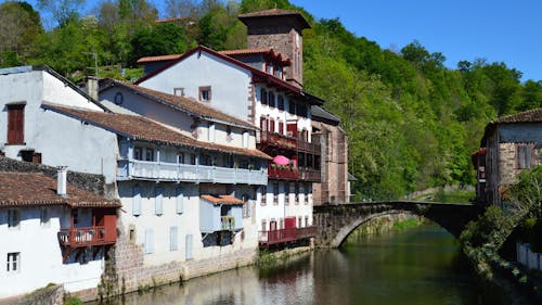 A river runs through a town with buildings on both sides