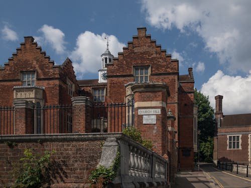 A large brick building with a clock tower