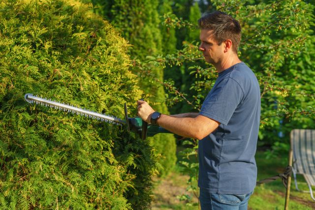 Jardinier taillant une haie avec un taille-haie électrique dans un jardin