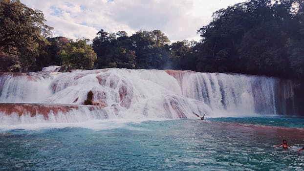 Discover the stunning Agua Azul waterfalls in Chiapas, Mexico, surrounded by lush jungle greenery.