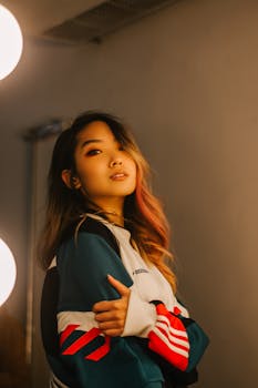 室内灯光下，一位身着时尚服饰的年轻女性肖像，散发着自信与优雅