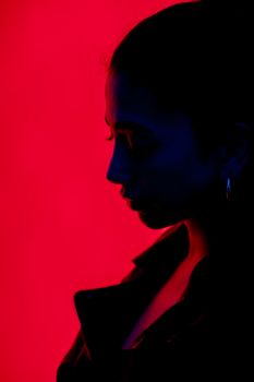 Artistic silhouette of a woman against a dramatic red backdrop, conveying mystery and elegance.