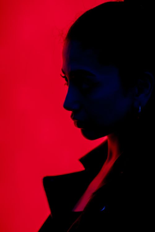 Free Artistic silhouette of a woman in profile against a striking red background with shadow play. Stock Photo
