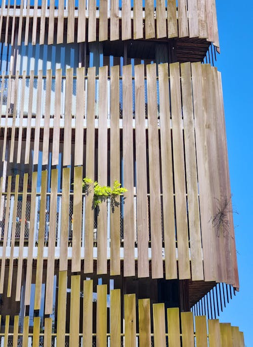 A building with wooden slats on it