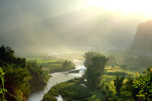 Beautiful sunrise over a tropical river valley with lush greenery and misty mountains.