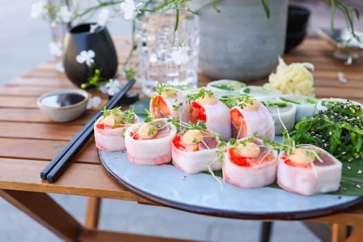 Close-up of sushi rolls with red caviar, topped with microgreens, served outdoors on a wooden table.