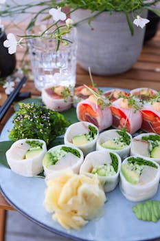 Vibrant sushi platter featuring fresh vegetables and seafood on a blue plate, styled beautifully.