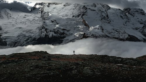 Hiker Looking at Snowcapped Mountains