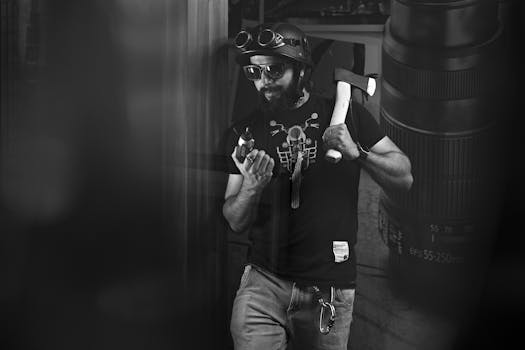Black and white image of a man with tools and camera gear, exuding a rugged and creative vibe.