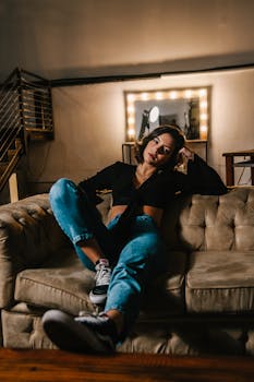 一位巴西妇女轻松地坐在室内的沙发上，非常适合生活方式主题