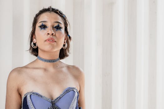 Striking portrait of a woman with bold blue eye makeup against a neutral background.