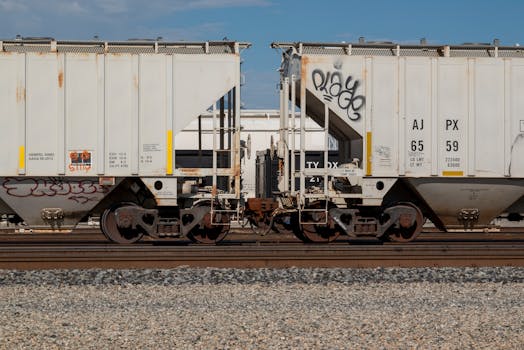 Close-up of cargo train with graffiti on tracks in Mojave, California.